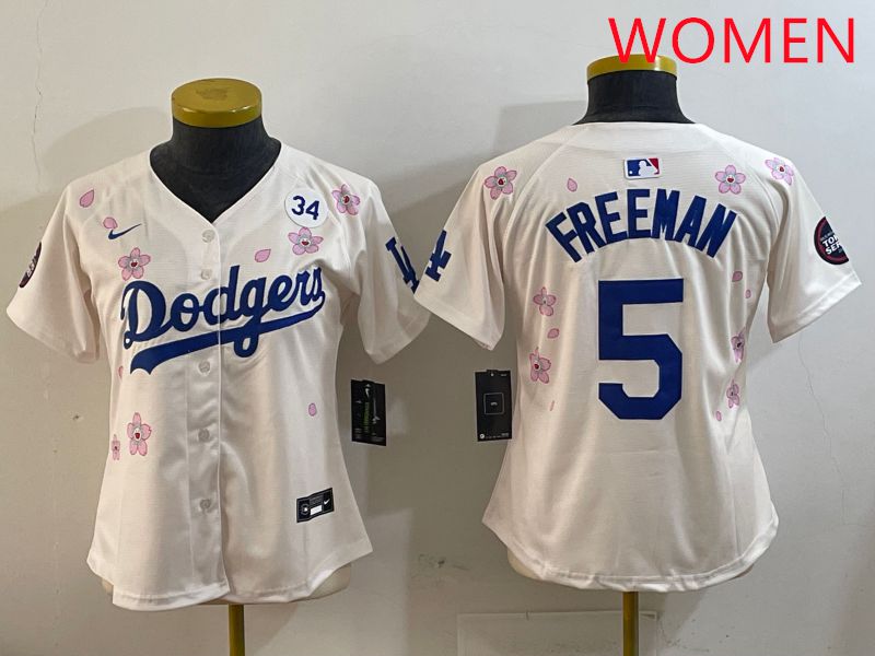 Women Los Angeles Dodgers #5 Freeman Cream Sakura Edition 2025 Nike MLB Jersey style 4